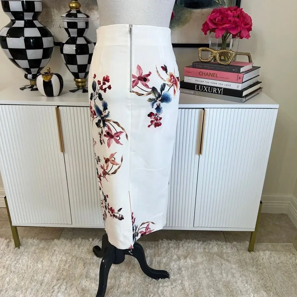 Zara Women's Floral High Waisted Midi Straight Pencil Skirt Ivory Red Sz XS NWT